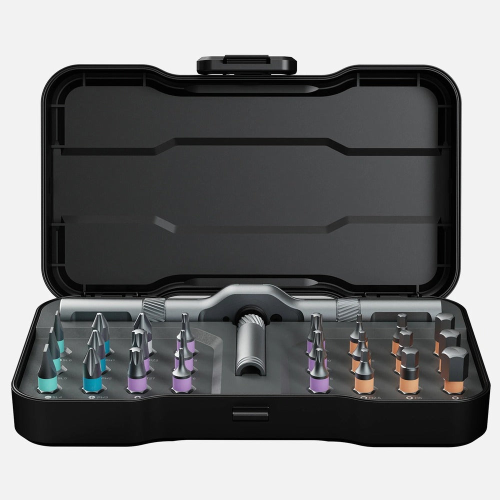 AXVANE 24-in-1 Ratchet Toolkit open pocket case with forged T-handle and 24 color-coded S2 bits