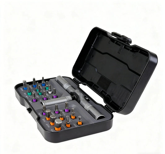 Angled view of the open AXVANE toolkit case, handle components, and interchangeable bits.